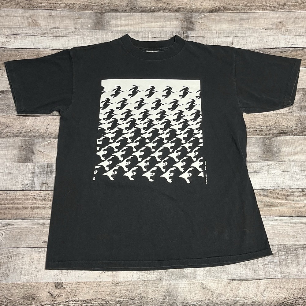 Halloween Shirt Size Large Black Vintage Escher Style Ghosts And Witches